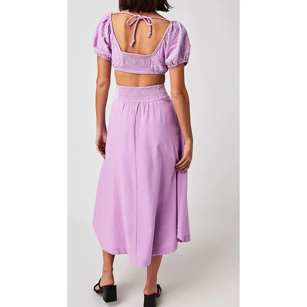 NEW FREE PEOPLE ORCHID PURPLE WHITE LOTUS MIDI SKIRT CROP TOP SET SZ M